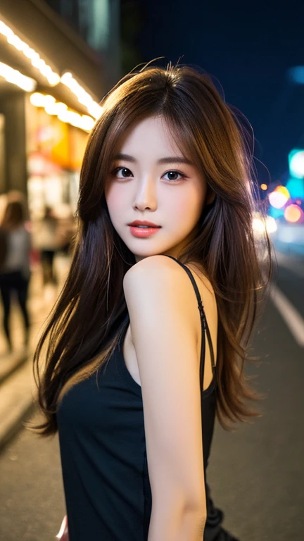 high resolution, 1 beautiful young woman, 23 years old, 8k,best quality, masterpiece, ultra high res, (photorealistic:1.4), RAW photo, (fair skin:1.2), wearing a black clothes, 85mm lens,f/8.0, background, gyaru, brown hair, Perfect female body, looking at viewer, beautiful eyes, ((black shirt)), (cleavage:0.9), (cute:1.2), ((jpop idol)), (upper thigh:0.6), (depth of field),soft light, Park at night, full body, (bad girl:1.2)