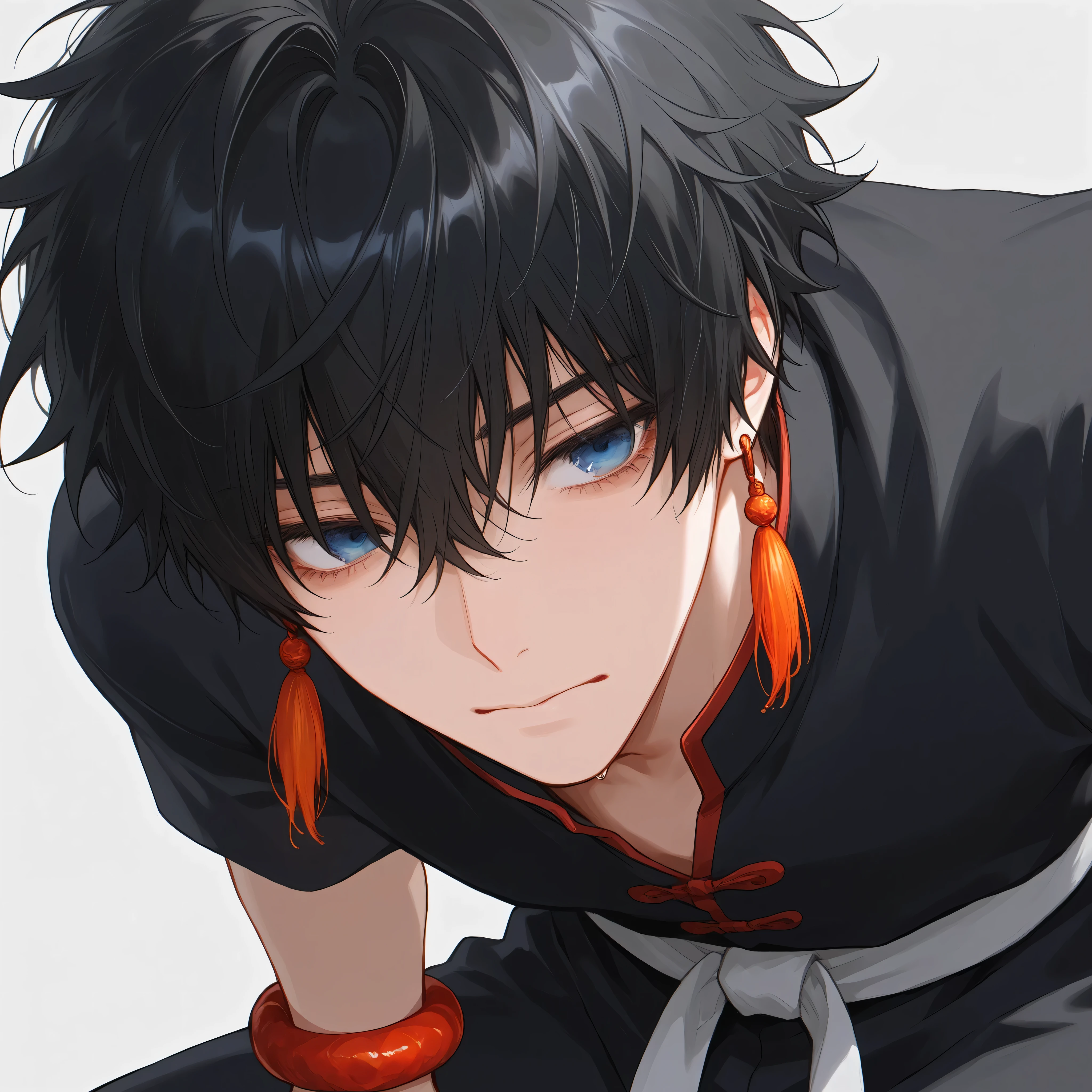 One male, short hair, messy hair, black hair, tired eyes, lazy look, blue eyes, red chinese lantern earrings, traditional martial artist uniform, black uniform, chinese lucky bracelets, red bracelets, black traditional chinese pants, white martial belt, burgundy simple background, face close up