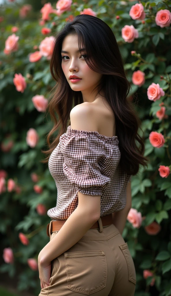 nsfw, 8K raw photo, Best quality, masterpiece, ultra high res, film grain, filmg, 1girl, looking at viewer, natural skin texture, realistic eye and face details, full lips, lipstick, (makeup), red eyeshadow, fluffy short hair, messy hair, smile, close mouth, beautiful legs, tall female, skinny, slim_legs, solo, enormous breast, cleavage, Pose with buttocks facing you, ultra short skirt, ass, shirt, beautiful nature location, around flower location, (detailed background), plaid skirt, white shirt, enormous breast, cleavage, Show a little cleavage through the shirt, loafers, blurry background, blurry, holding, plaid, short sleeves, jk ribbon on the neck, jk ribbon, brown hair, bracelet, water, bangs, transparent dress, jewelry, parted lips, lips, from side, pleated skirt, depth of field