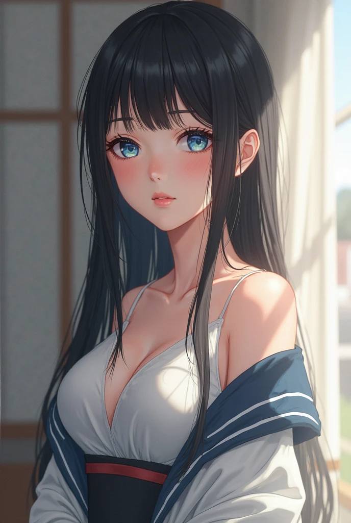 8K、quality、On the table、super high image quality、ultra - detailed、super beautiful、Super realistic hair texture、anime illustration、Super realistic sensuality、FULL-BODY ESBIAN、Charming look、shave 、Off-the-shoulder blue yukata、Beutiful women、eBlue eyes、Glossy glossy skin、Very huge、Red lace breasts are super big、Glossy glossy skin 、Clear skin、Japanese style room with daytime background,