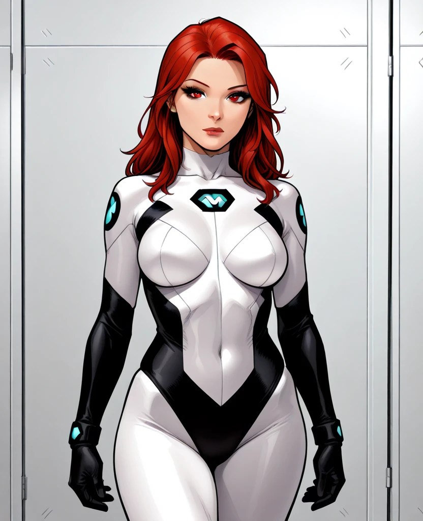 (best quality,8k:1.2,high resolution:1.2),ultra-detalhado,Realistic,science fiction female,red hair,rosto extremamente detalhados,long eyelashes,Collant de nylon branco Apertado,white pantyhose,white gloves, white Glossy plastic accessories,Physically-based rendering,foco nítido,studio lighting