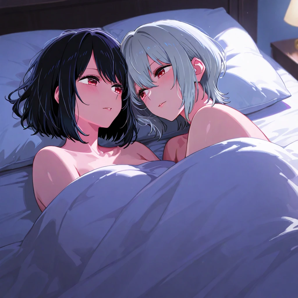 masterpiece, best quality, nsfw, (((2girls,(((tribadism))), yuri))), on bed, extremely detailed eyes and face, long eyelashes, beautiful detailed lips, intimate pose, candlelight, warm lighting, romantic atmosphere, high contrast, cinematic lighting, chiaroscuro, soft focus, glowing skin