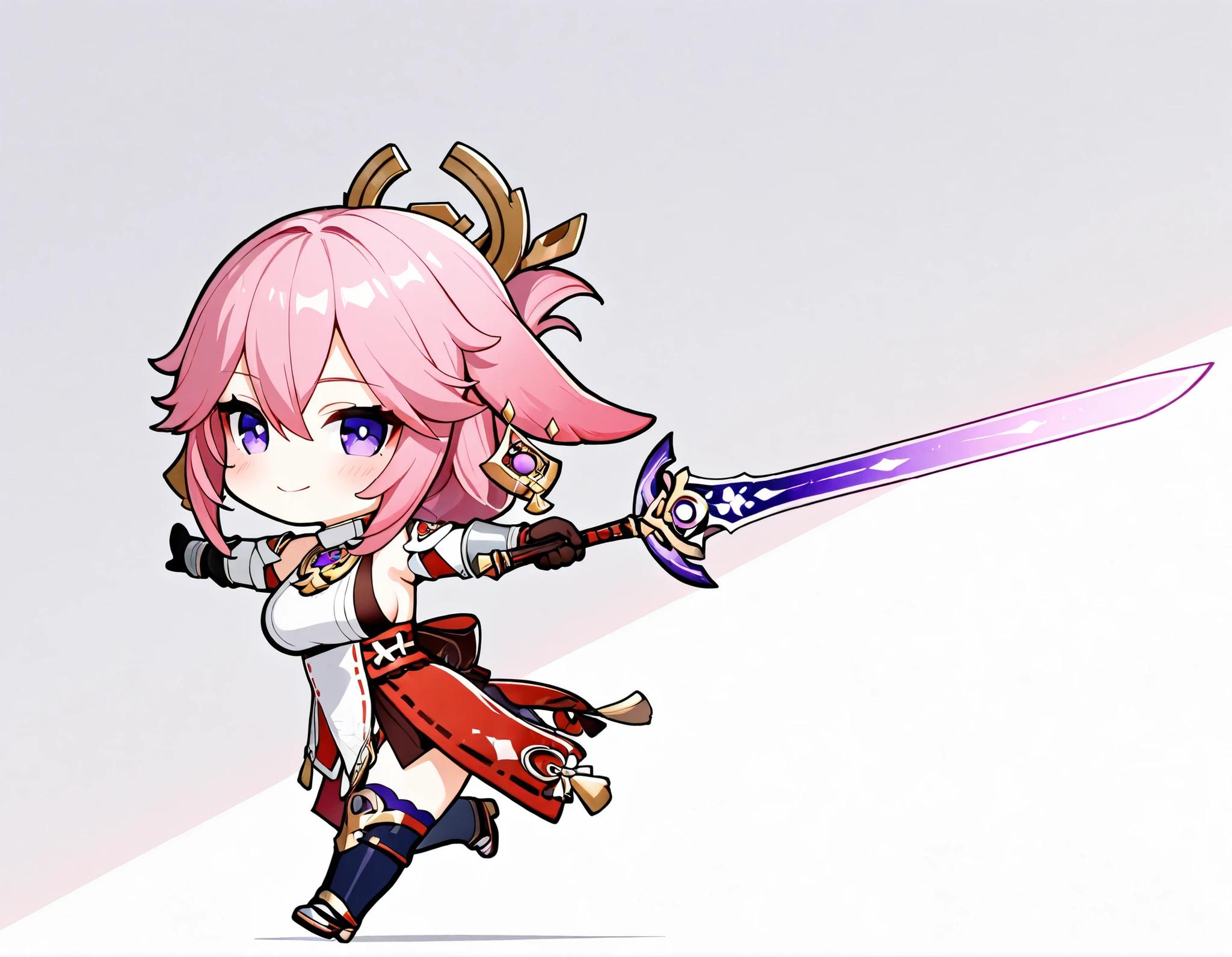 Takeda, 1girl, (chibi: 1.5), large breasts, very large breasts, (folded ponytail: 1.4), pink hair, light purple eyes, (yae miko from genshin impact), (knight armor, skirt), fullbody, running, smiling, blush, arms up, holding a wooder sword with one hand, solo, from side, looking at viewer, white background, black outline BREAK masterpiece, best quality, highly detailed, detailed eyes, ultra-detailed, sharp focus, soft lighting, volumetric lighting, dynamic composition, 8k, full HD, vibrant colors, perfect anatomy
