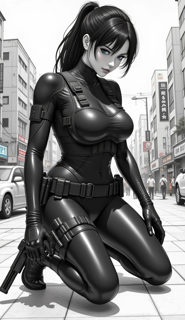 1 beautiful female, heavy metal , bobcut, fututristic, city street, assassin