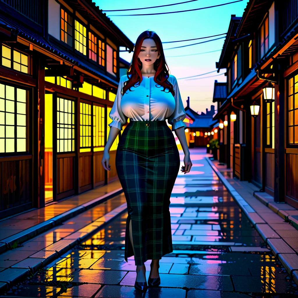 (full body shot), ultra high detail, [harsh flash], a 60 years old woman, curvy, walking, outside nightclub, chubby face, cheekbones, pretty, eyeshadow, redhead, cleavage, saggy breasts, ((imperfect skin)), [wrinkles], ((perfect face)), black thigh-highs, natural breasts, (nhjy, a woman in a kimono dress with a tree), open mouth, closed eyes, (ultra detailed skin texture, ultra detailed hair, ultra detailed lips, ultra detailed teeth, ultra detailed fingers, ultra detailed nose, real skin pores, moles on skin). It's pouring rain. (YES SFW).