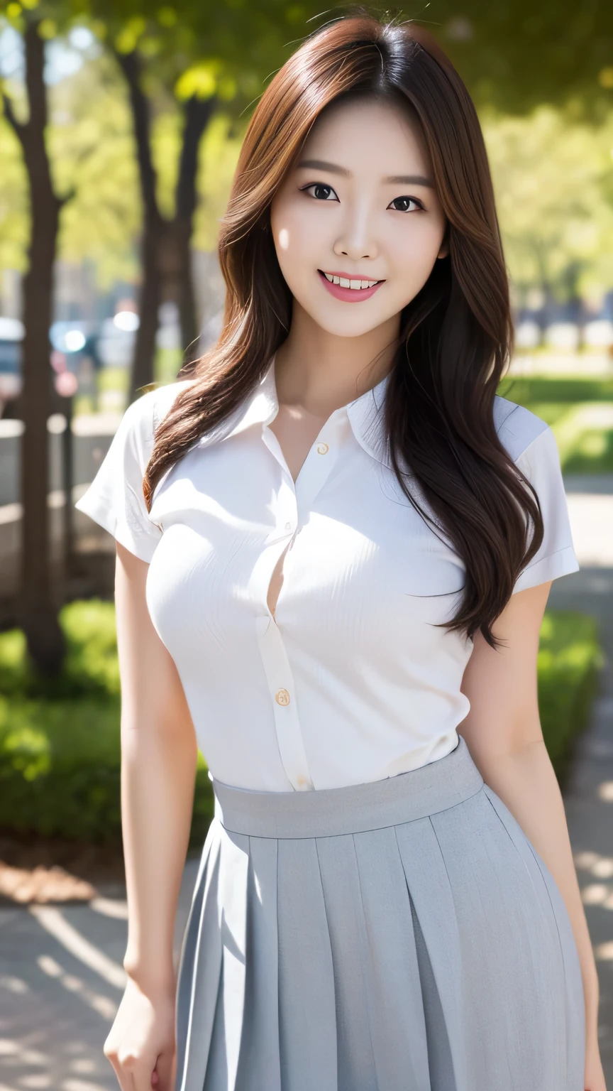 ((masterpiece))、((highest quality))、16K，ultra high resolution、Depth of the bounds written、photograph、reality、High level image quality、Super detailed、married woman、40 generations、（plump body）、Wavy long hair、、realistic background、big and full breasts、Large sagging breasts、deep cleavage、smooth and beautiful thighs、fine and beautiful eyes、hanging eyes、clear double eyelids、tear bag、sexy smile、office、sitting in front of a computer、（White see-through short-sleeve knit）、（Navy blue tight knit skirt）、((Indirect lighting only))、頭から太ももまでのphotograph