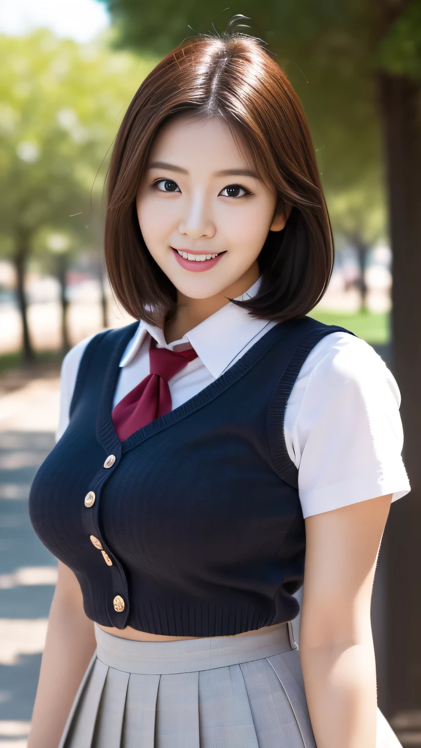 ((top quality, 8k, masterpiece: 1.3)), pretty woman with perfect figure: 1.4, (big breasts: 1.2), very detailed face and skin texture, detailed eyes, high school student, uniform, blouse, miniskirt, (posing at school: 1.2), 1girl, cinematic, full body, goddess of Japan, short hair, smile, there are students, being watched by people,