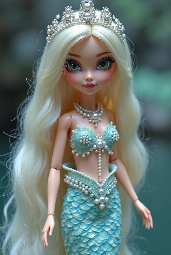 Bratz mermaid with detailed eyes and big lips and blue hair, wearing green red flowers dress, full body , plastic skin , doll joints , ,(masterpiece, top quality, best quality, beautiful and aesthetic:1.2), wakasagihime, doll, revealing clothes, big head, 1girl, solo, breasts, curvy, wide hips, narrow waist, joints, doll joints, cleavage, bursting breasts, huge breasts, lips, mermaid, drill hair, japanese clothes, frills, green kimono, wide sleeves, sash, obi, full body, mermaid tail, fish tail