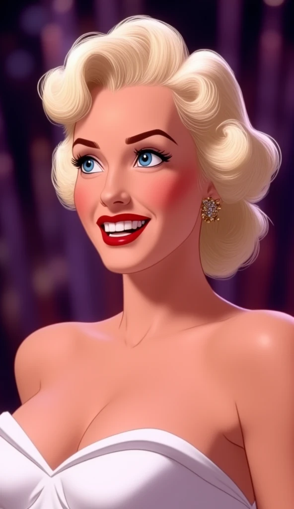 Marilyn Monroe in the movie "gentlemen prefer blondes 1953", full-length, 50's, blonde hair color, short hair, wavy hair, blue eyes, age 27, one small mole just above the left corner of her mouth, languid look
