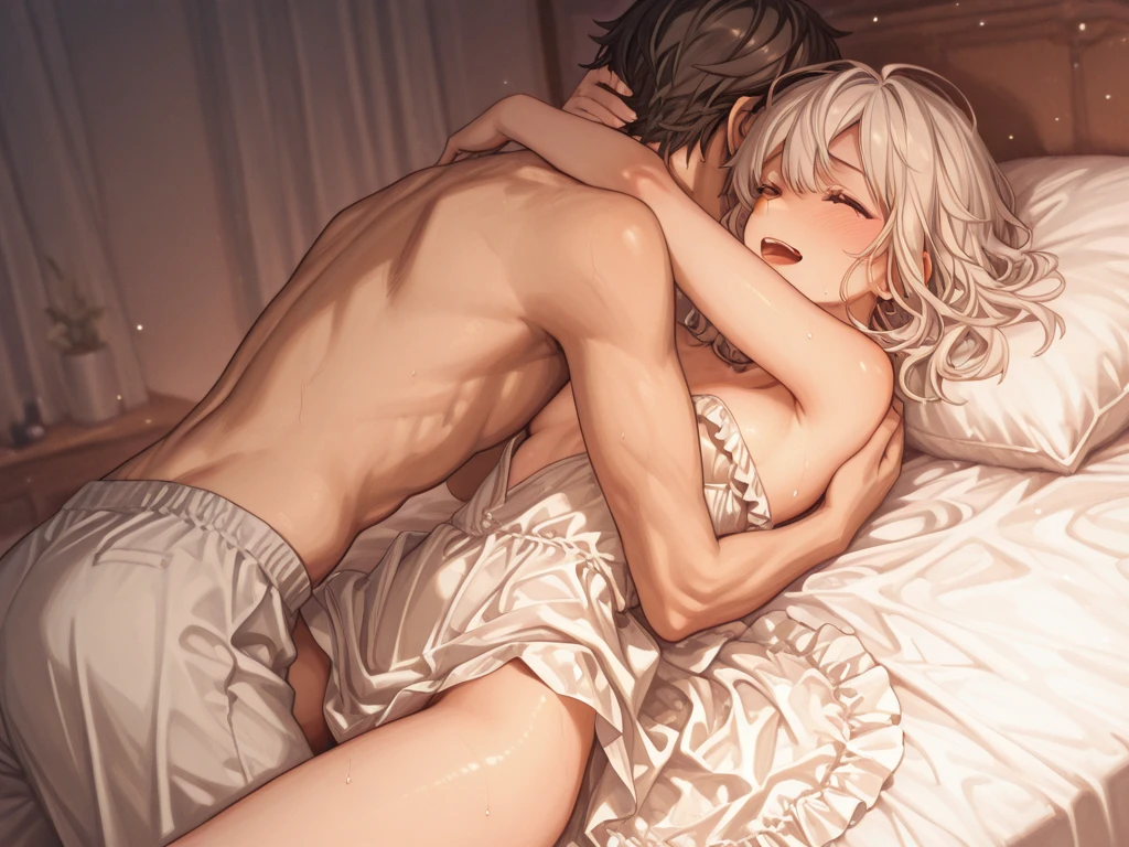 (score_9,score_8_up,score_7_up,),(Sword Maiden:1.2),Sword Maiden gi,,milf,blond hair,long hair,,mature female,1girl,big breasts,nude,, in stockings, ,,,,, black background,blindfold on her eyes,,, blush,1boy,dark-skinned male,,vaginal, big penis, testicles, , ,,wet, steaming body,,,amazon position,side view, she kiss him