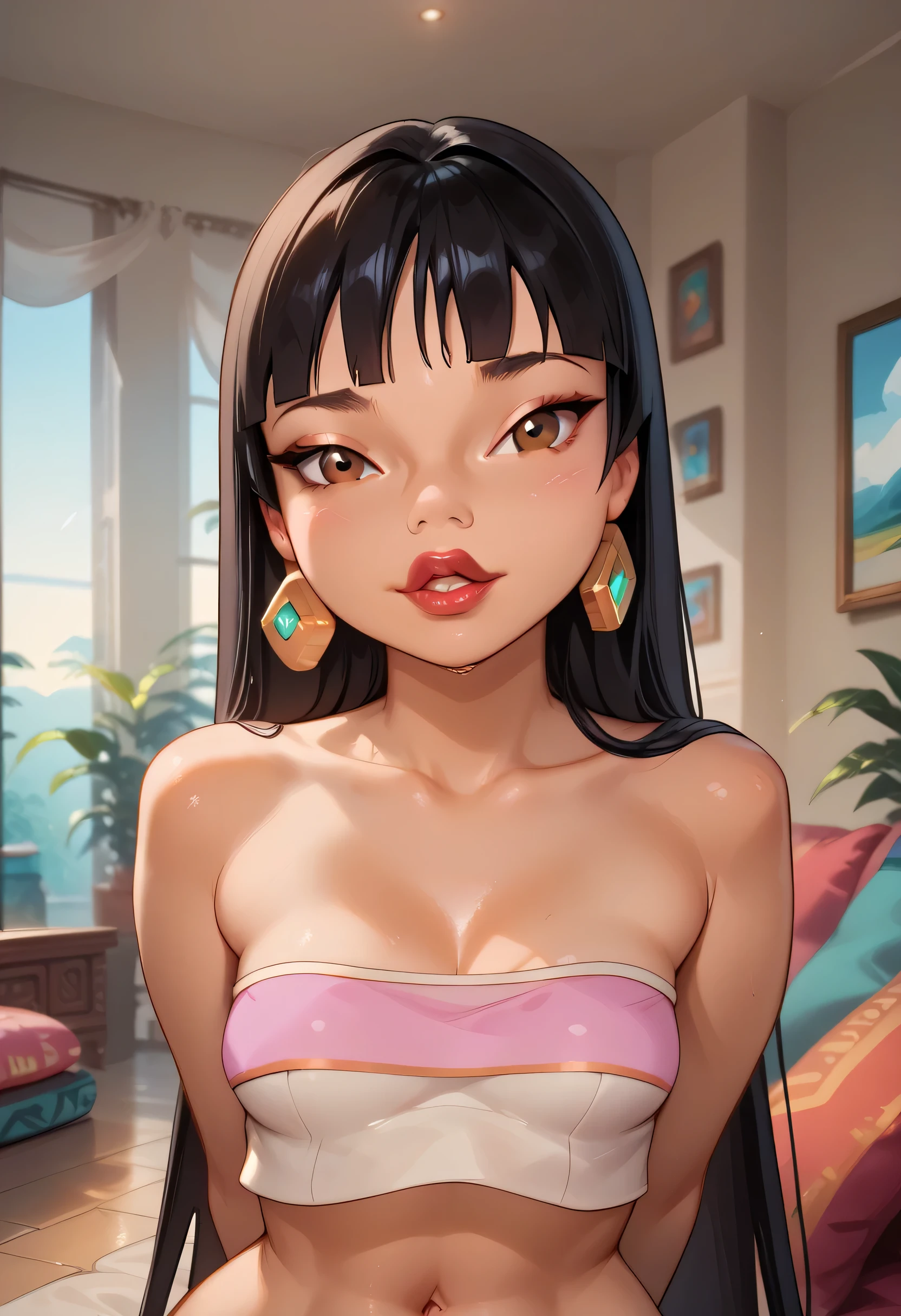 ((Living Room, Beautiful Living Room)), (Perfect Face, Perfect Body), Black Hair, Very Long Bangs Hair, Black Thin Eyebrows, Dark Brown Eyes, Nose, Lips, Red Lips, Collarbone, Cleavage, (Small Breasts, Perfect Breasts), (Off-Shoulder Ruffled Crop Top), Navel, Arms Behind Back, Looking At Viewer, Beautiful Female, (Chel)