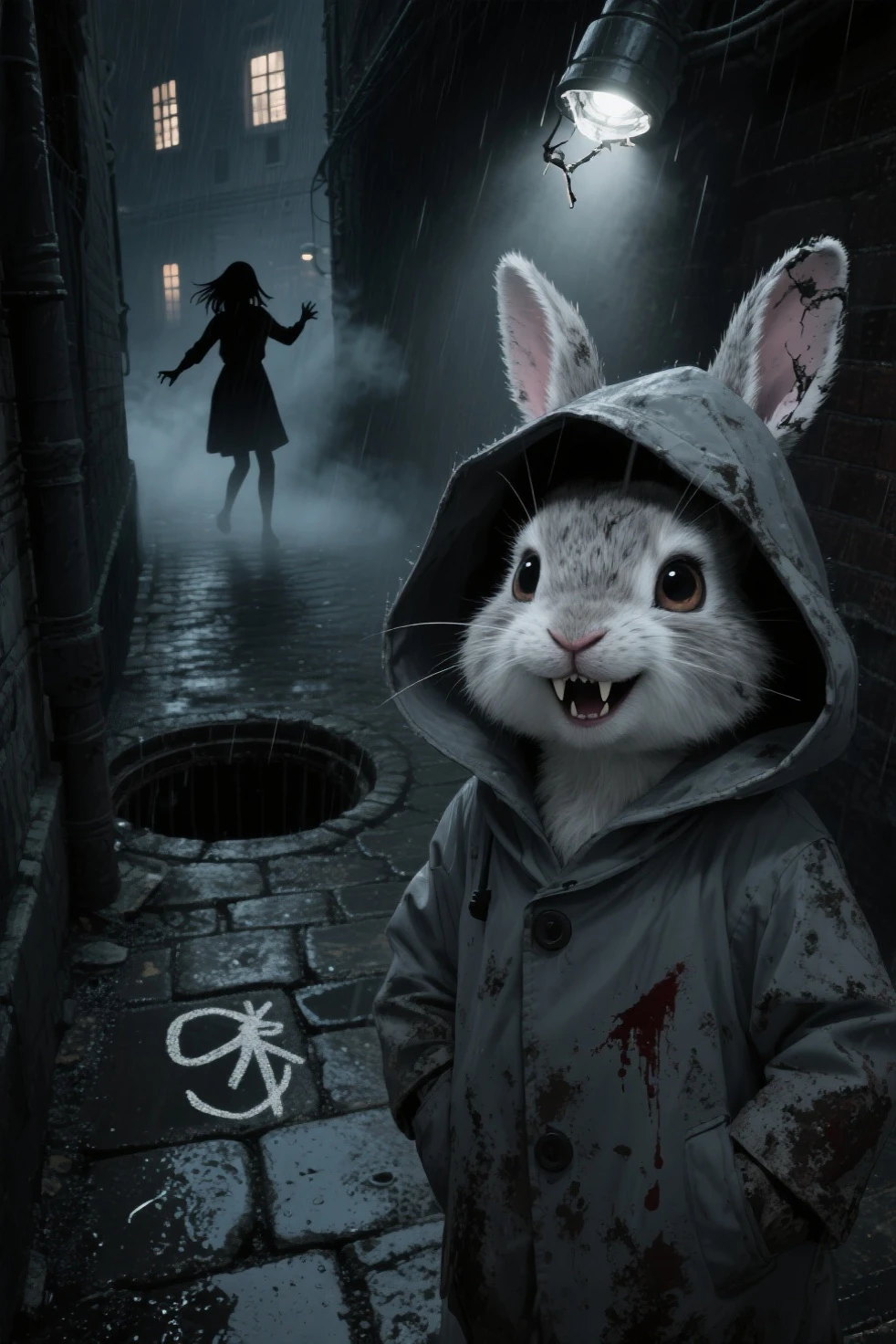 (masterpiece, best quality, ultra high res, highly detailed:1.3), dark, night, realistic, detailed, extremely detailed, intricate detail, night,
BREAK dark forest,
BREAK extremely cute pink bunny, very cute, fluffy fur covered in blood, (eyes bleeding blood:1.1), (extremely wide grin:1.1), looking straight into soul,glowing eyes, (walking towards from dark forest:1.2)
