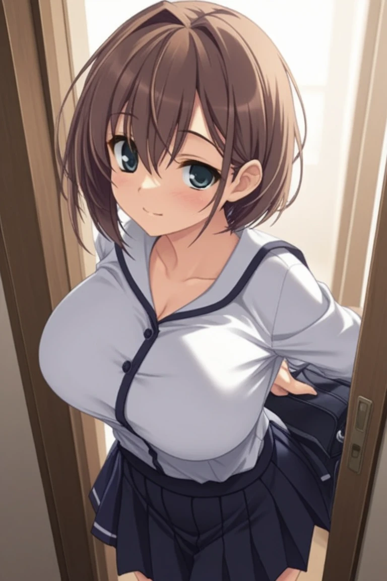 Brown haired girl,Short-haired girl,Brown eyes,Body type is slightly chubby,The breasts are small,Sweater and jeans
