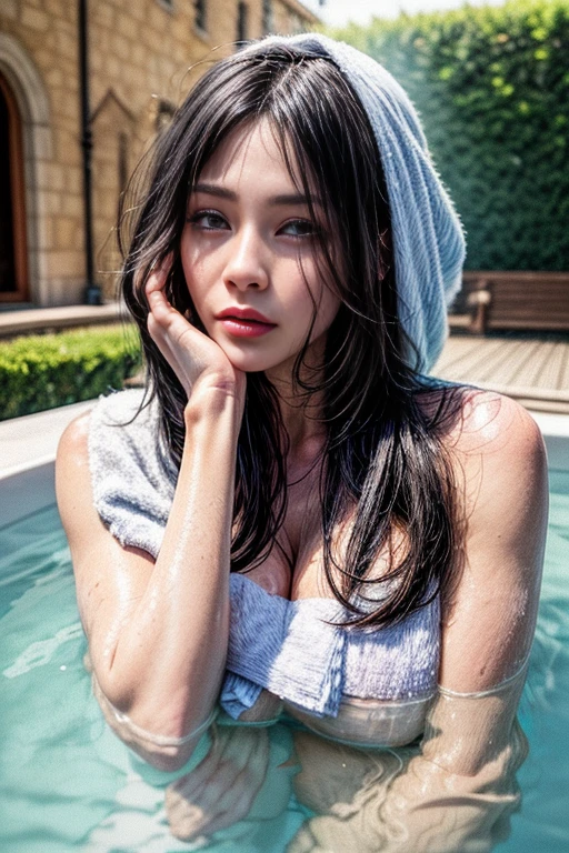 A girl just finished bathing, towel, sweat, flushed body,illustration,detailed eyes and face,radiant skin,longeyelashes,soft towel,relaxed,refreshed,peaceful,bright lighting,emotion in her eyes,shimmering droplets on her skin,feeling the warmth, comfortable atmosphere, post-bath glow,vibrant colors,water droplets on the towel, matching colors with the background. (best quality, 4k, highres,photorealistic)