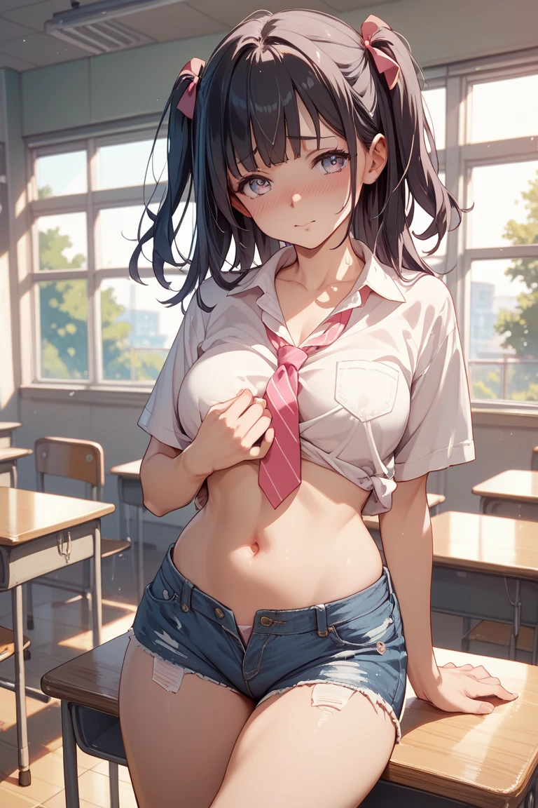 ((masterpiece,Highest quality:1.3,best quality illustration)),cowboy shot,solo,1woman,14-year-old beauty、black hair,short bob hair,bangs,black eyes,(gorgeous big eyes),((very small head:1.3)),sad,tears,((skinny:1.2)),((tan skin:1.4)),small breasts,(School student uniform、Short sleeve collared shirt、Blue ribbon tie、Blue mini skirt),gleaming skin,oily skin,slender body,sweat,standing,classroom、School、Tokyo、nsfw,