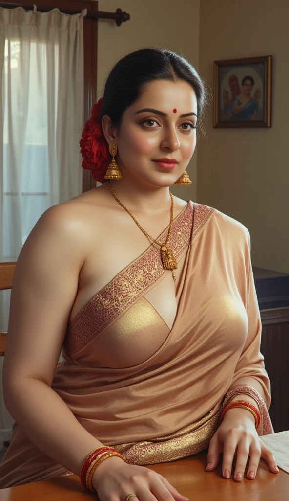 Looks like Sandeepa Dhar, a photo portrait of a beautiful girl 30 years old Woman, Topless, (detailed nude breasts), (tight round big boobs), curvy hot mommy figure, fleshy figure, feminine curve, with curls, styled black hair, (face portrait:1.5), dramatic light, Rembrandt lighting scheme, bust shot, linen tank top , top quality editorial photograph, skin texture, skin pores, chocolate skin, high quality skin, top quality photography, professional photography, professional retouching, insane detailing, warm moody tones, modern clothes, highly detailed armpits,