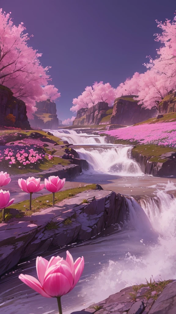  masterpiece, 最   high quality  ,   high quality  ,  high resolutionCG Unity 8K 壁紙  , landscape overlooking the ocean,  outdoor, I want a mountain ,  Scenery, water, tree, Blue Null, waterfall, cliff, Nature, lake, river , cloudy sky,  cliff ,  Award-Winning Photos　Hug ,   embellished red vest   ,   high resolution , Pink Tulips  , Chromatic Aberration,   photorealism ,  Tall and very detailed   , ART STATION TRENDS,    High Details, Dramatic,    art you can enjoy anytime