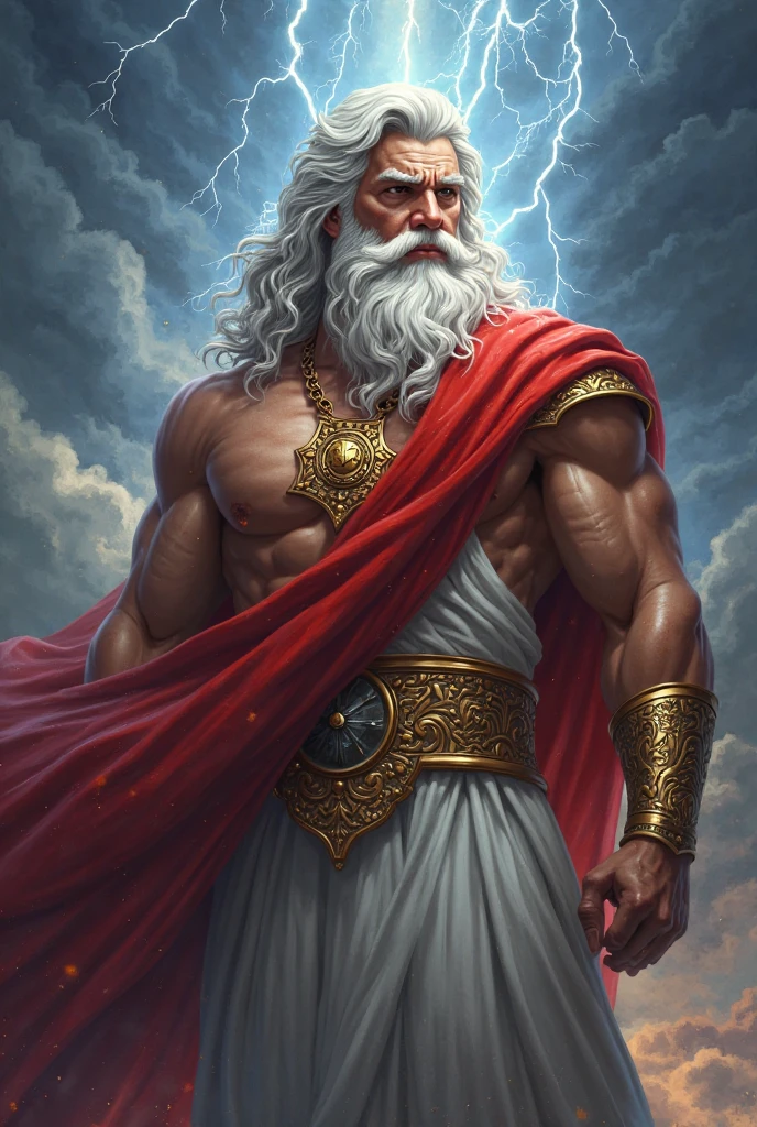 A hyper-realistic, half-body portrait of Zeus, the King of the Gods, exuding power and divine authority. Zeus is depicted with a robust, muscular build, showcasing his broad shoulders and strong chest. His skin is weathered yet vibrant, reflecting both his agelessness and his dominion over the heavens. His long, flowing hair and thick beard are a striking silver-white, with individual strands meticulously detailed, shimmering as they catch the light. His stormy blue eyes are intense and penetrating, filled with the power of the skies, giving the sense that they could summon thunder at any moment. He is dressed in a regal, flowing toga, draped across his body with a golden clasp at the shoulder, revealing part of his powerful chest. The fabric is textured, with intricate patterns that symbolize his reign. In one hand, he holds a scepter topped with an eagle, and in the background, faint, swirling clouds hint at his control over the weather, adding a sense of divine energy to the portrait."