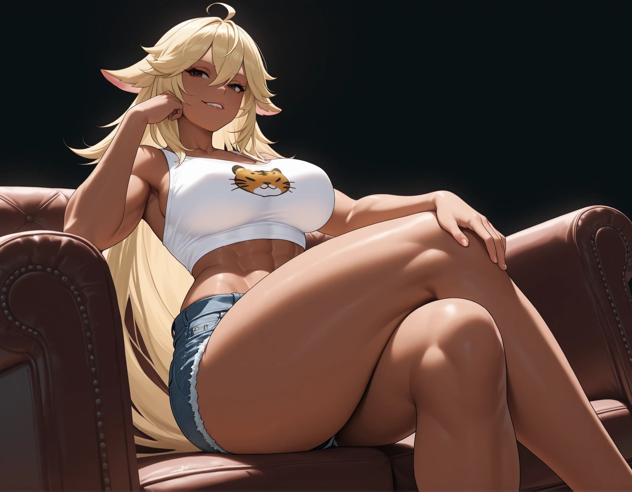 1girl, (mature_female, MILF, toned_female, curvy, thick_thighs, wide_hips, large_breasts, dark_skin, (light_blonde hair, ahoge):1.2, spiked_hair, flipped_hair, long_hair, hair_between_eyes, brown_eyes), (yae miko style), skin_tight, animal_print, tiger_print, tank_top, midriff, denim_shorts, short_shorts, solo, sitting, couch, crossed_legs, from_below, (feet out of frame), smug, hand_on_own_cheek, frown, teeth, simple_background, black_background, dutch_angle BREAK masterpiece, amazing quality, highly detailed, sharp focus, full HD, 8k BREAK detailed eyes, detailed fingers, perfect fingers, five fingers, anatomically correct BREAK soft lighting, volumetric lighting, vibrant colors, glossy skin, subtle shadows, anime realism