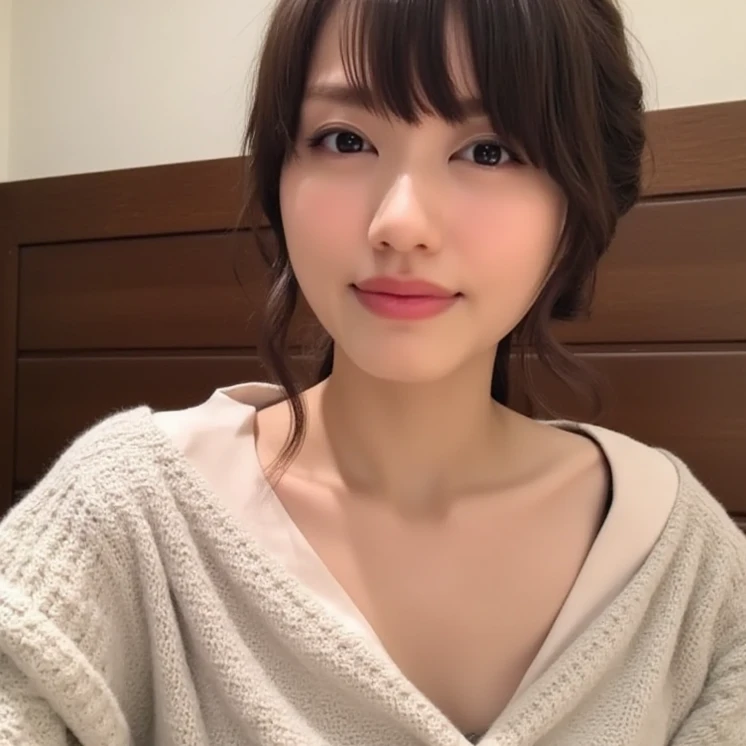(​masterpiece:1.3), (8K, Photorealsitic, Raw photography, Top image quality: 1.4), Japan high school girls、(Random hairstyles:1.2)、cleavage of the breast:1.2、Super Detail Face、Eye of Detail、double eyelid、Bring your chest together、sharp focus:1.2、prety woman:1.4、light brown hair、top-quality、​masterpiece、超A high resolution、(Photorealsitic:1.4)、Highly detailed and professional lighting smile、Loose and light knitwear、Shoulder out、slender、serious facial expression、short-haired、Fatal position