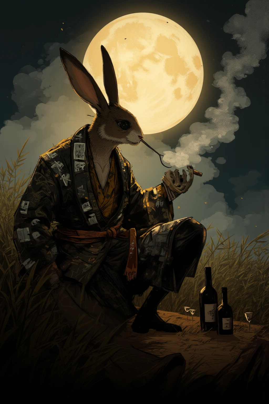 softly exhale smoke、clarify the outline of the moon、how to put it on, boldly drop one shoulder,The other leg is broken down and relaxed,rabbits have long ears、slightly lowered,creates sorrow and mystery,black eyepatch on one eye,rabbit with eyepatches and facial scars,Dramatic and impressive visuals,leaves a slight reddening,The smoke that rises from Kissel shines silver in moonlight {x} The expression is dull and cool like I've seen it somewhere,the kimono is gorgeous,Gold thread or silver thread、The illustration is illuminated by moonlight Fantastic,placed against a large, bright full moon in the background、eyepatches have Japanese patterns or family crests,with a slightly hazy night smoke,black x gold,the shape is like a rabbit,sit standing on one knee,It's a very thin incline,Heavy colors、moonlight brings rabbits Illuminate。full color outline,The background is a full moon,The  and feet are slightly disturbed,put on a gorgeous kimono,hold kissel in hand,with Japanese pampas grass on the edge of the screen,creates sorrow and mystery、A scar running diagonally from under the eyepatch to the cheek,Moonlight softly reflects on kimonos and rabbit fur,and the band is slightly loose,wine bottles and glasses under the feet、anthropomorphic rabbit,Being aware of the serenity where you can hear the sound of insects,contrast,  dmt Death of Ego , Exquisite Futuristic Art ,DMT Art,  DMT Egodes ,Dan Mumford and Alex Grey Style, Psychedelic Transart ,ultra-detailed fantastic art,epic shamanic DMT Art, Shamanism DMT Horror Art  ,visionary art style ,High Definition Fantastic Art