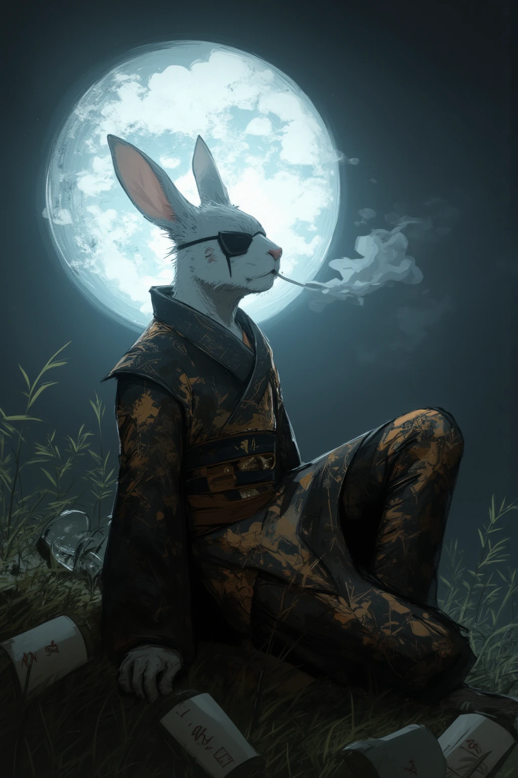 softly exhale smoke、clarify the outline of the moon、how to put it on, boldly drop one shoulder,The other leg is broken down and relaxed,rabbits have long ears、slightly lowered,creates sorrow and mystery,black eyepatch on one eye,rabbit with eyepatches and facial scars,Dramatic and impressive visuals,leaves a slight reddening,The smoke that rises from Kissel shines silver in moonlight {x} The expression is dull and cool like I've seen it somewhere,the kimono is gorgeous,Gold thread or silver thread、The illustration is illuminated by moonlight Fantastic,placed against a large, bright full moon in the background、eyepatches have Japanese patterns or family crests,with a slightly hazy night smoke,black x gold,the shape is like a rabbit,sit standing on one knee,It's a very thin incline,Heavy colors、moonlight brings rabbits Illuminate。full color outline,The background is a full moon,The  and feet are slightly disturbed,put on a gorgeous kimono,hold kissel in hand,with Japanese pampas grass on the edge of the screen,creates sorrow and mystery、A scar running diagonally from under the eyepatch to the cheek,Moonlight softly reflects on kimonos and rabbit fur,and the band is slightly loose,wine bottles and glasses under the feet、anthropomorphic rabbit,Being aware of the serenity where you can hear the sound of insects,contrast,  dmt Death of Ego , Exquisite Futuristic Art ,DMT Art,  DMT Egodes ,Dan Mumford and Alex Grey Style, Psychedelic Transart ,ultra-detailed fantastic art,epic shamanic DMT Art, Shamanism DMT Horror Art  ,visionary art style ,High Definition Fantastic Art