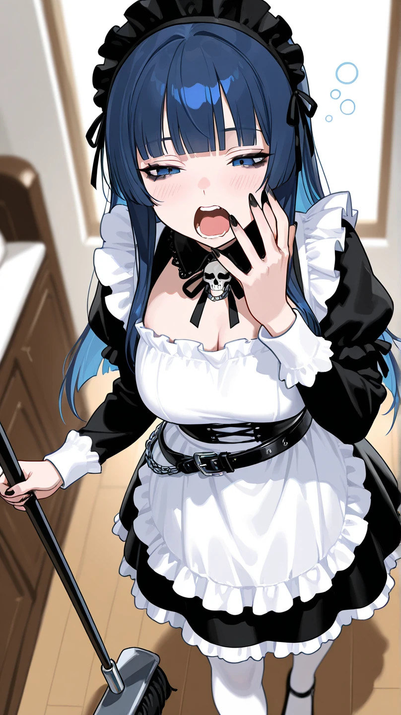 (masterpiece, best quality, highres, super detail illustration), skirt lift up, nsfw, cum, spread legs, tears up, bottomless, crying, arms up, restrained, shackles, missionary, 1boy, penis, vaginal, pov, sex, put your back against the wall, pov hands grap her arms, maid clothes,