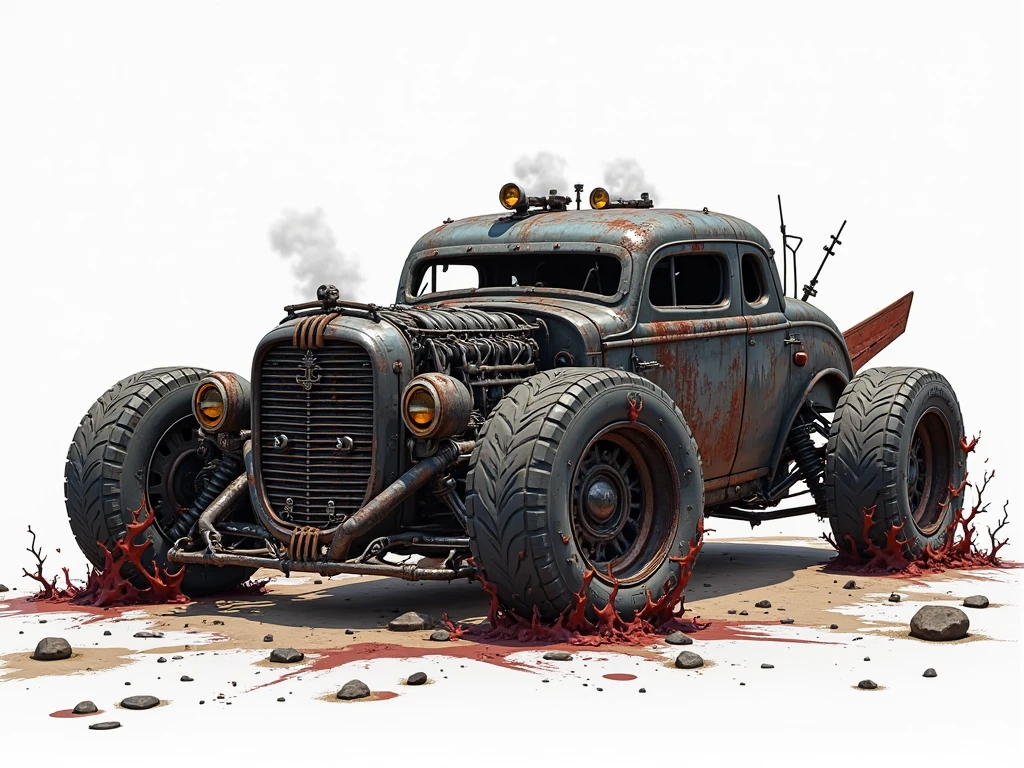 (battlecar:1.1), (roadster:1.08), (painted racing stripe:1.05), vehicle focus, no humans, car, wheel, tire, debris, bullet holes, skull, dirty