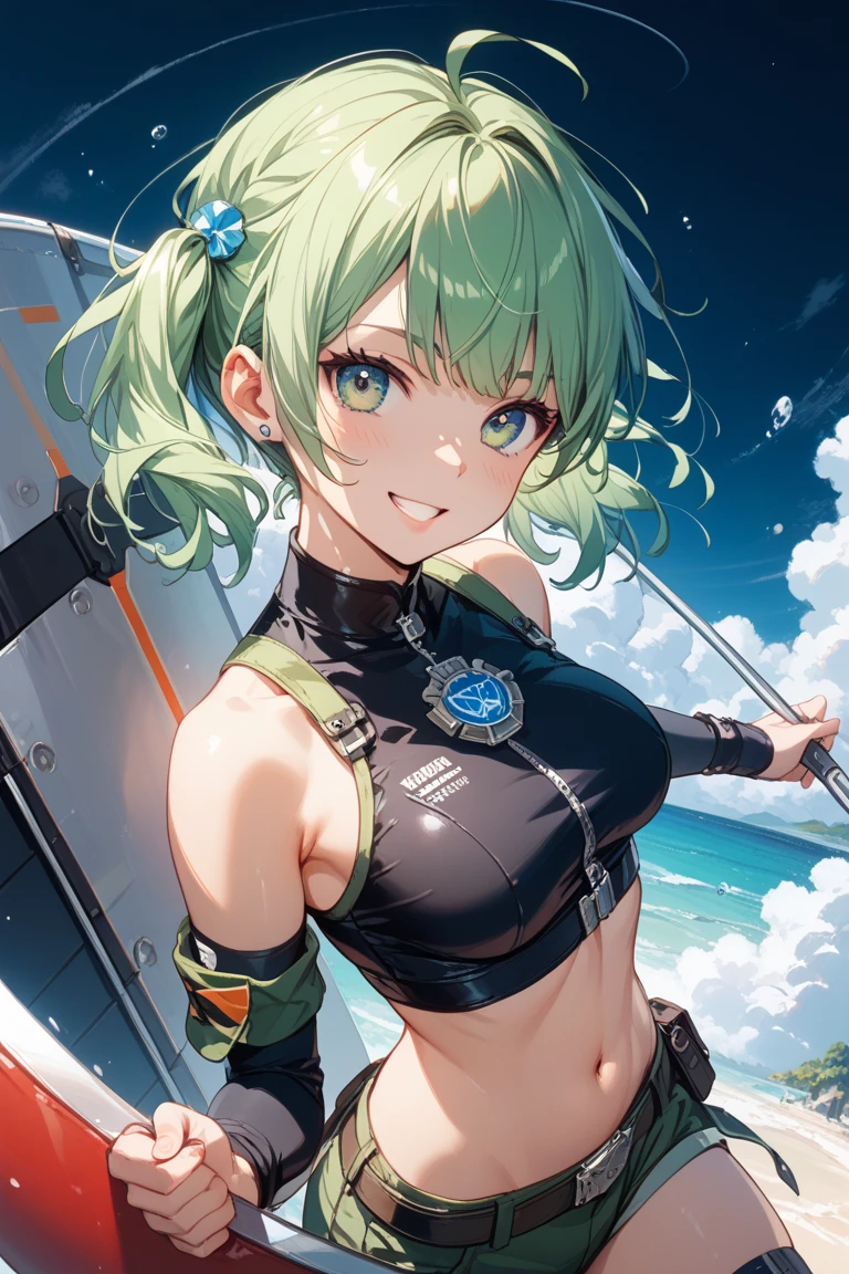 The image depicts an anime-style character who is lying on her back. She has green hair styled with a side bun and two long ponytails. The character's eyes are yellow, and she has red horns and ears. She is wearing a tiger print bikini and is positioned in water. On her chest is her right hand, and her left hand is by her side, looking towards the upper right direction. Text at the bottom of the image reads "@BLTtoTKGtoBBQ" and "Po0". BRAKE
Resolution: 8K digital art, anime art wallpaper 8K BRAKE
Quality: Ultra quality, ultra quality and detailed art BRAKE
Image quality: Ultra definition, ultra definition beauty, ultra definition illustration, ultra definition animation, ultra definition short full body portrait, pixiv digital art BRAKE
Style (judged by theme, overall pronto): white anime Barbie, biomechanical, anime moe art style, dress, desktop background, biomechanical big breasts, "Fate/Stay Night", "Fate/Grand Order" BRAKE
Hairstyle and color (determined by theme and overall pronto): Choose one main style from 5 styles (long hair, ponytail, twin tails, bob cut, long braid) and combine all the remaining 4 hairstyles to create an original hairstyle. please. You can choose the main hair color from gold, blue, or green, and add the remaining two colors as a gradation color. BRAKE
Colors: green, blue, and gold (added to important elements of the theme), light blue, yellow, silver, crimson (added to other than important elements of the theme) BRAKE
Body type and complexion: voluptuous, smooth, stylish body, cleavage (between breasts), erection of nipple, hanging breasts, armpits, bare shoulders, breasts, caustics, collarbones, huge breasts, sagging breasts, moles, skin depressions, stomach , thighs, moistwith