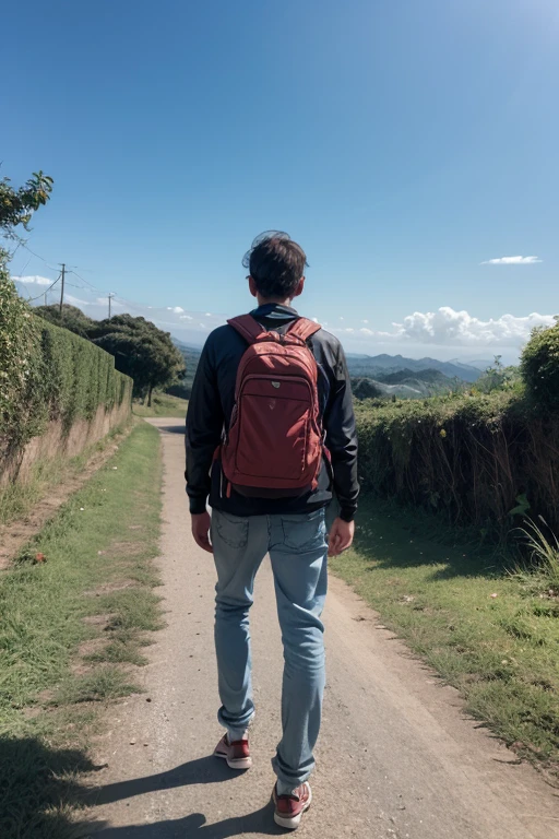 <lora:guatemala:1.5> a young man with cross on their way to school enjoying the landscape, tack sharp, 4k, masterpiece