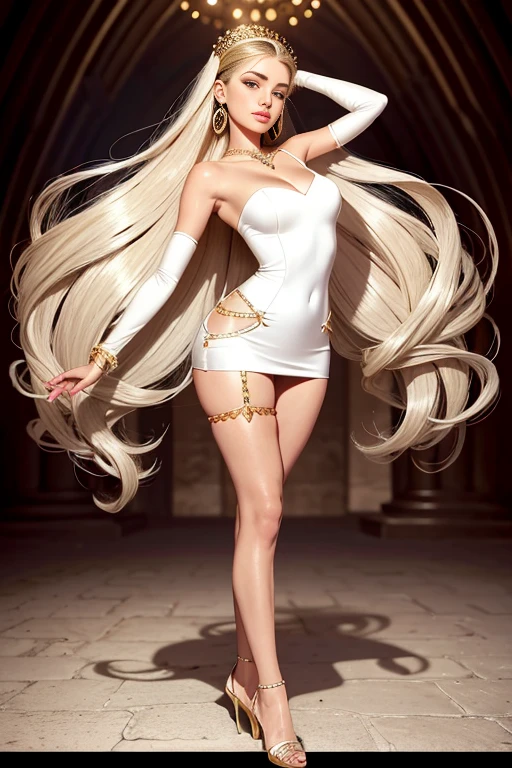 Nothing, Highest Quality, girl with long hair blonde, curve hair, gown, slit in middle all the way down below belly button, cute feet,