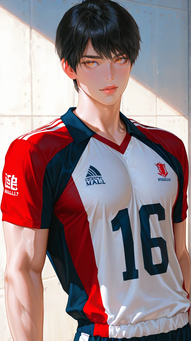 Man with normal hair straight, football jersey 70 in shirt, high detailed, realistic, ultra realistic, villain, football skin t shirt and ((football short pant)), blue football skin shirt, ((red eyes))