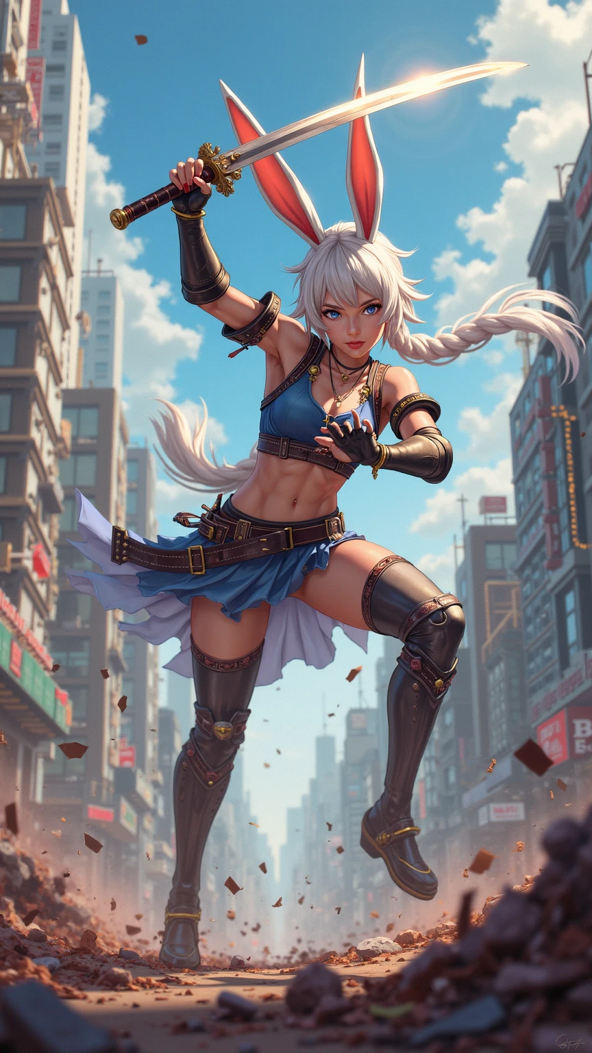 (8k, Realistic, RAW Photos, Highest quality, (from below:2),looking at the camera: 1.3), (Fox Girl, Fox Ears, Silver Hair, One Girl, Long Hair, (Alone on the screen, dark skin), High definition:1.6), (bikini armor:2), (Body measurements are 99-55-77!, Height: 145cm, Nice body, Big Breasts, slender, muscle, (Stand with your legs apart, I can see the valley):1.9),(美しいface, Delicate drawing, It is written down in detail), Avatar, face, 色っぽいface, Dominant representation, naughty face, Uplifting, Skin Texture, outside, ruins, Ruined City, Broken Building, There are no people