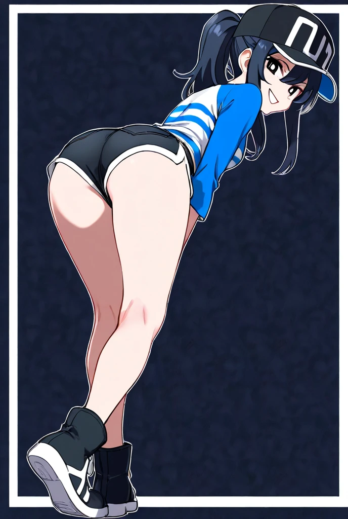 tennis girl's massive rear butt cheeks out of bottomless slutty mini skirt out bare, bent over showing her butt, sleeved hands hidden down, blindfold
