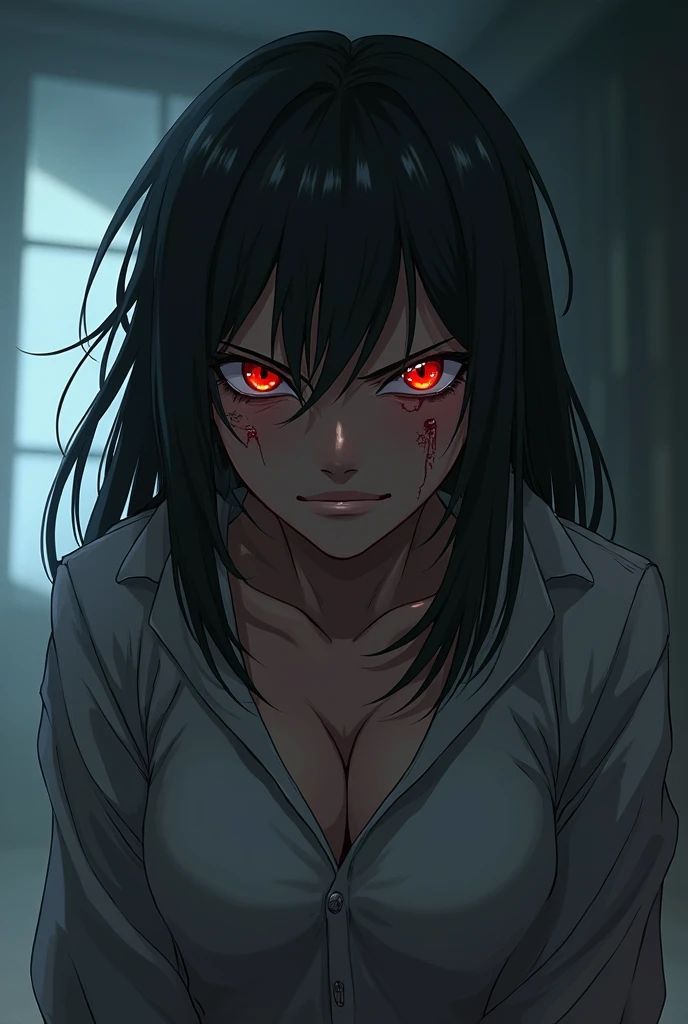 1 girl, (dark skin:1.2), shy, cute, cold expression, (8k, RAW photo, best quality, masterpiece:1.2), (realistic, photorealistic:1.2) (ultra-detailed, Super detailed:1.2), vivid colors, studio lighting, portrait, Yellow coloured eyes, blank eyes, Night clouds background, Aesthetic, romantic, Luna, Vampire, wearing goth collar, black hair, unbuttoned white shirt revealing her chest, smirking revealing her tiny sharp fangs, (small chest:1.1), (scars on chest, cuts in shirt, messy hair, blood on scars, blood stains on shirt, tired, scars on eye:1.1)