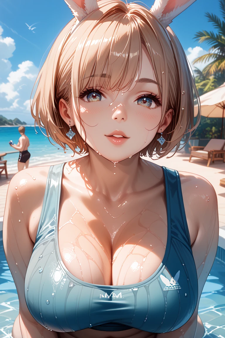 (masterpiece:1.2, Highest quality), (Realistic photos), Beautiful illustrations, (Natural side lighting, Cinema lighting),(2 people), Japanese, 20-year-old female, Perfect Face, Symmetrical cute face, Glowing Skin,(Blonde Short Hair)、(Black short bob)、Dark blue eyes, (Huge breasts:1.2), Cleavage、Slender build、Beautiful Hair, Beautiful Face, Fine and beautiful eyes, Beautiful body, Beautiful breasts,(Black Bikini)、smile、Blushing、Standing side by side、Sandy Beach、Beach、Ocean、Blue sky、(My whole body is wet:1.1)