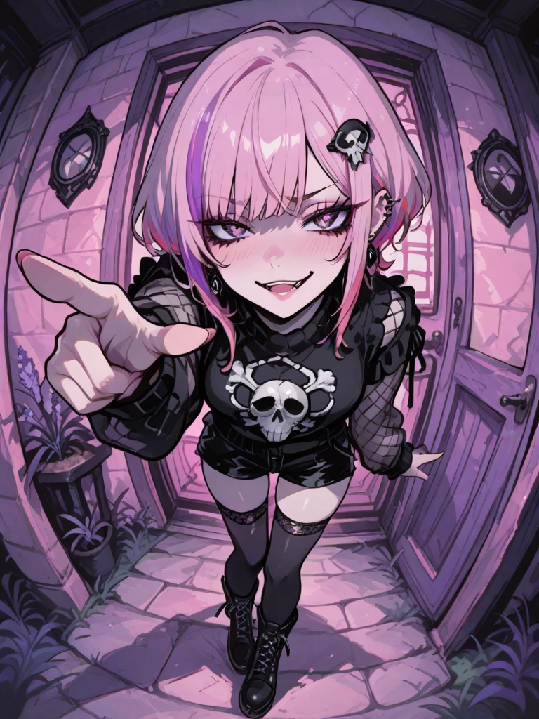 score_9, score_8_up, score_7_up, score_6_up, score_5_up, score_4_up, source_anime, 1girl,She's worth, pink hair,loose hair, white eyes,,a malicious smile, w-w-chain, spread arms,clean hair, black shirt,shorts,thigh boots, black boots,night,dark dungeon, best quality, best res, 4K UHD,