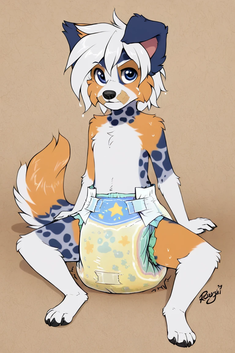 Bedroom background, ((by keihound, by reysi)), by Zackary911, by fluff-kevlar, Furry, Anthro, ((Australian Shepard)), detailed fur, (()), ((small)), ((short)), dynamic pose, sitting, short white hair, ((short fluffy tail)), ((4 tape diaper))