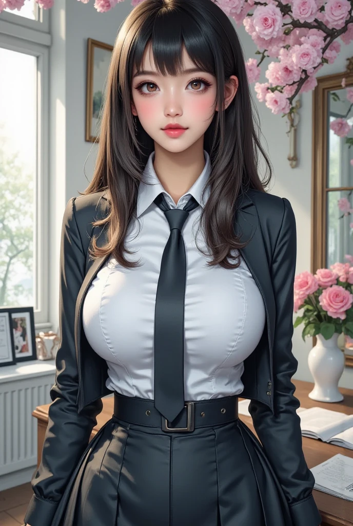 ((highest quality)), ((8k), (detailed face), (highlight), girl、cleavage、Asian、bangs、black hair、skirt、combat uniform、white、