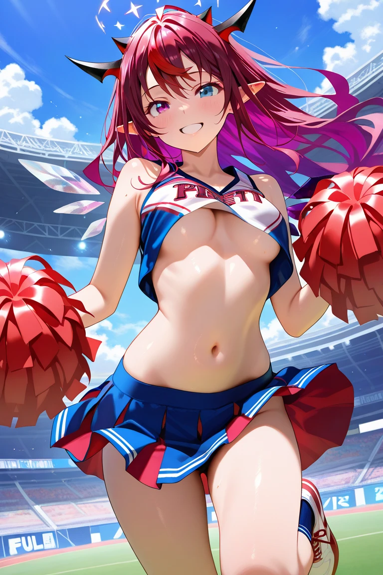 colorful、nfsw. spread pussy、bottomless、uterus black cheerleader、black kneehighs zettai ryouiki、green hair、pink eyes、1 girl、short hair、large breasts,aroused、arms behind back、from below、orgasm、pussy