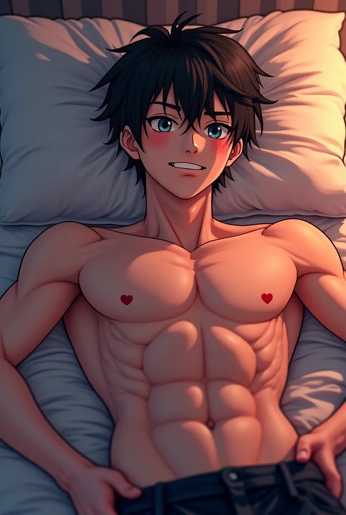 a shirtless 22-year old male wearing jeans, cute, handsome face, six-pack abs, beautiful body, sweat-drenched, soaking wet, drenched with sweat, sweating profusely, soaking wet with sweat, panting, exhausted, gasping, lying in bed