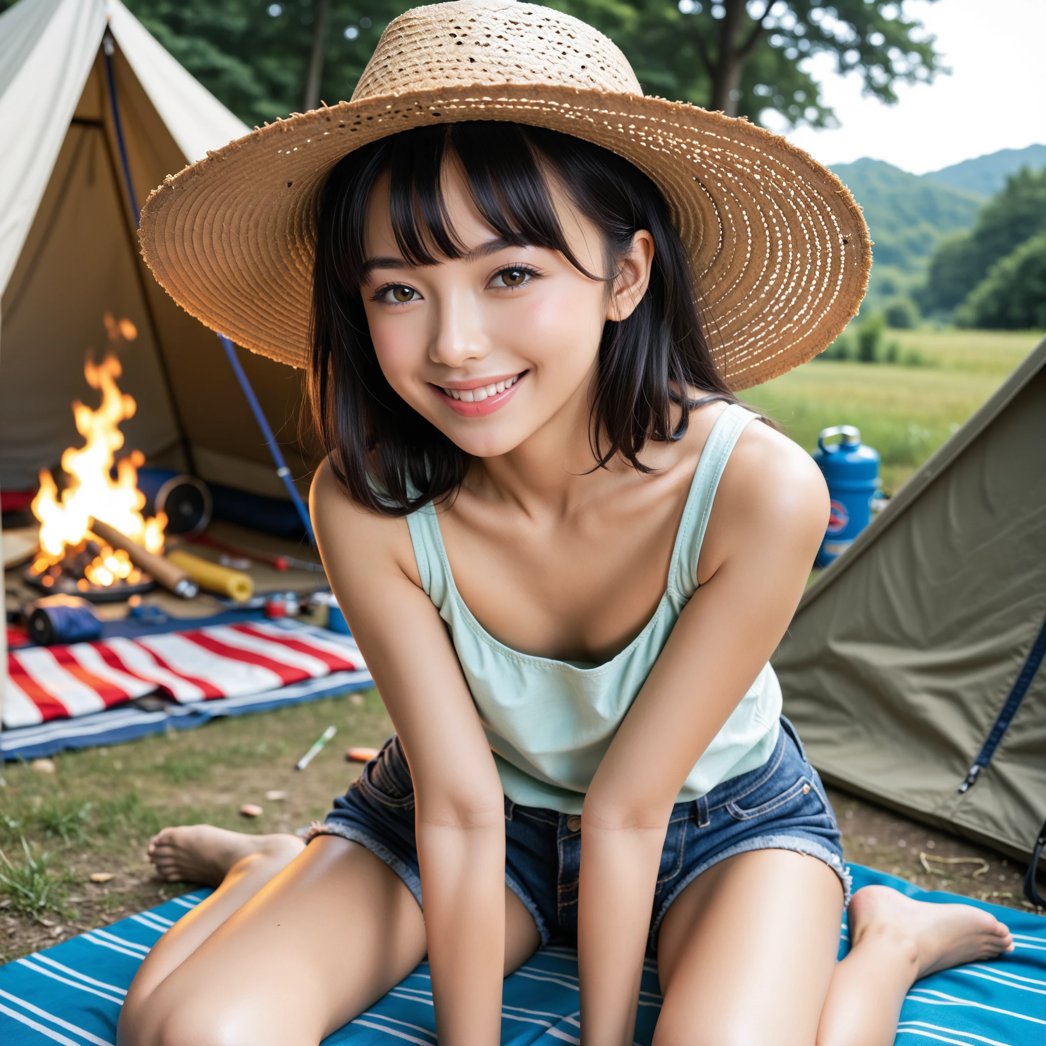 cute, 15歳のアイドルのようにcute日本人少女、Smiling Kindly、Cleavage、mini skirt、Campsite at night、Grilling meat on a barbecue、whole body、Accurately depict the number of fingers、Accurate depiction of arms and body、RAW Photos、Genuine、Real、realism、High resolution、Life、No copyright notice