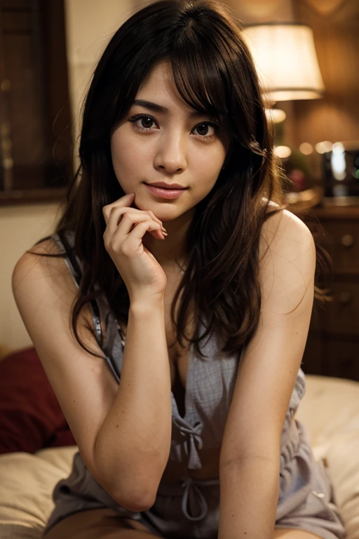 dark brown hair、light brown eyes、Japanese actress face、 lady, I am about 20 years old.、(intricate details:1.2)、(which one is the top?:1.4)、 (ultra high resolution:1.2)、ultra high resolution、(finely tuned)、(detailed facial features)、8K resolution、plump breasts、long curly hair、Starry Sky Window、luxurious space、relax、full body photo、head to toe shot、beautiful feet、wearing a brown t-shirt、brown t-shirt, full clothed, tight t-shirt, beautiful feet、dimly lit bedroom、she, extreme details, very detailed, realistic, obscene pose, diagonally from below、raise your chin、Relaxed expression (auraroid photo:1.2)、8K、32k、highest quality、(Details of both eyes)、elegant、lie down、random pose、(high - Angle、I look down and see this:1.2)、look at the camera、smile、