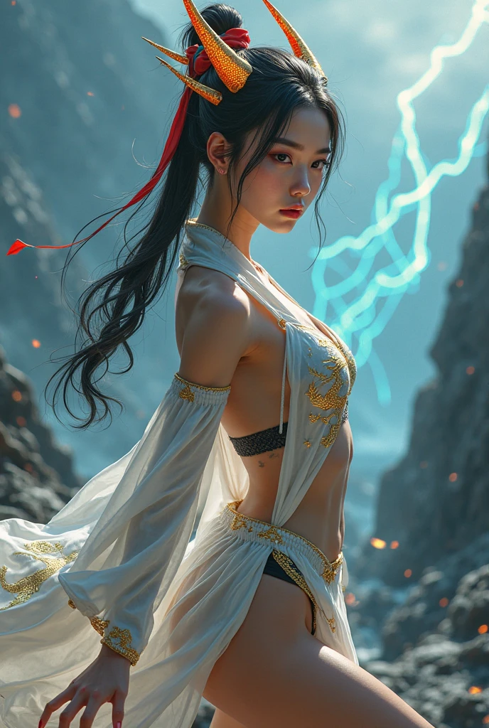 a close up of a woman with a sword in a white dress, a character portrait by Yang J, trending on cgsociety, fantasy art, beautiful character painting, artwork in the style of guweiz, guweiz, white hanfu, flowing white robes, full body wuxia, epic exquisite character art, stunning character art, beautiful female assassin