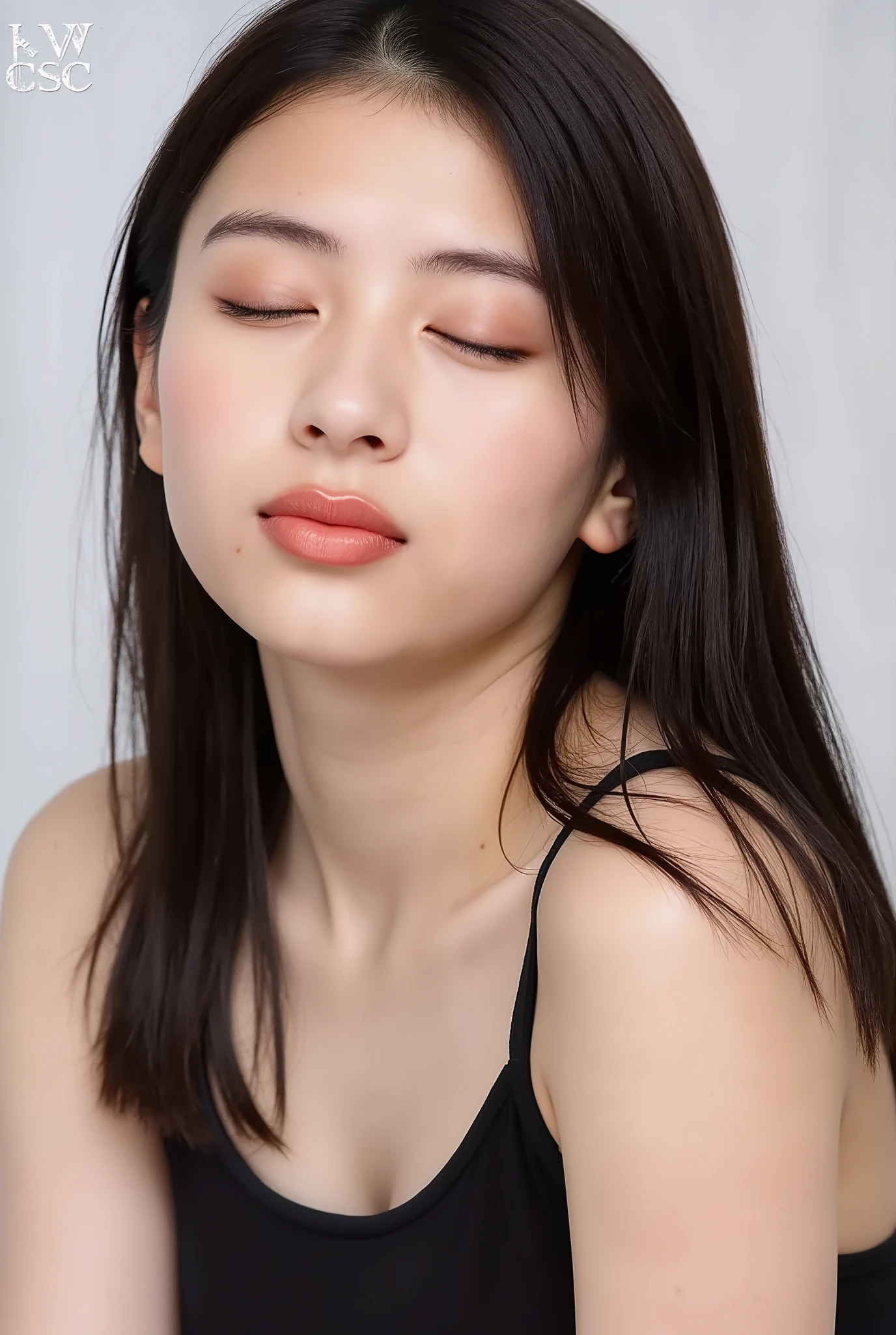 beautiful young woman, eyes closed, cheeks deeply flushed, soft embarrassed smile, outer eye corners lowered, head slightly tilted back, extremely puckered lips, lips tightly pursed and pointed forward, exaggerated kissy lips, heart-shaped lip pose, glossy soft pink lips with intense highlights, wet lip texture, skin is matte and textured with fine peach fuzz, strong focus on lips, facial outline softly blurred, vignette effect around edges, background is clean white studio, black camisole, camera angle from slightly above and centered, full face visible from collarbone up, longing expression, desperate affection, yearning
