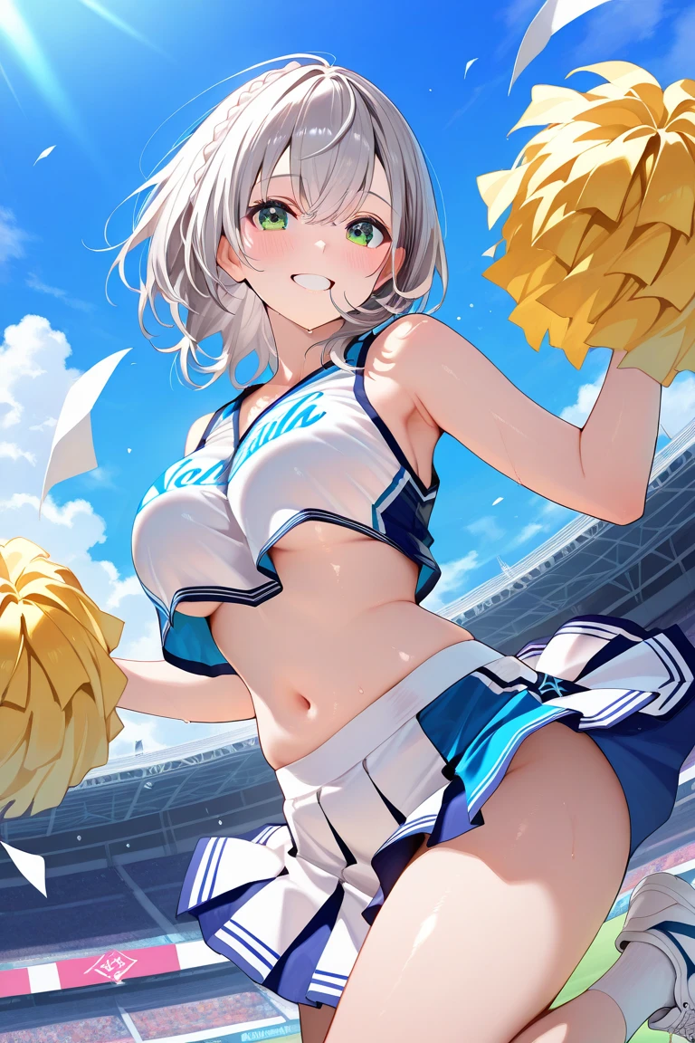 (Photorealistic:1.8, highest quality:1.8,8K masterpiece:1.8,High resolution,Mastepiece:1.8,RAW Photos,Cinematic lighting),No split screen、Stadium、Miniskirt Cheerleader、cameltoe、Back view、Angle from below、Buttocks up、
(Real skin texture:1.3)、(Short silver hair)、Woman's Costume(choker)、Crotch close-up、Spread the genitals、((Perfect female body))、
(Beautiful expression、A rich expression、Open your mouth and cheer、A big smile:1.4)、Dripping Sweat、
Beautiful Face、Beautiful Eyes、Esbian all over、(Random Sexy Poses:1.3、thrust one's hips upward、Stick your hips out to the camera:2.3)、cameltoe、(Immersive atmosphere、Chiaroscuro:1.5、Bright light:1.2、Bright lighting)、Realistic:1.3、Long Shot、The woman is naked、woman is nude、Adult video shoot