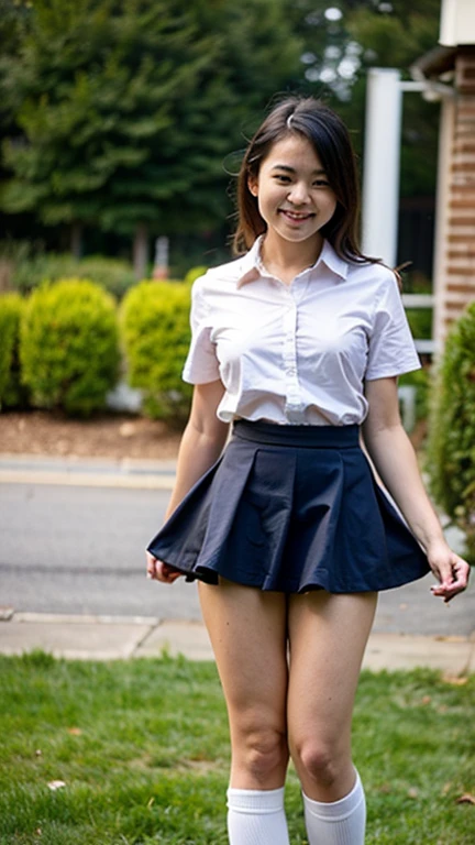 Pure young Japanese school girl, natural body, beautiful legs, wearing formal uniforms, (panty), high heels, natural makeup, natural black hair styles, sweet smile, sitting, spread wide legs, lift up skirt, professional portrait photography, summer sunlight, 