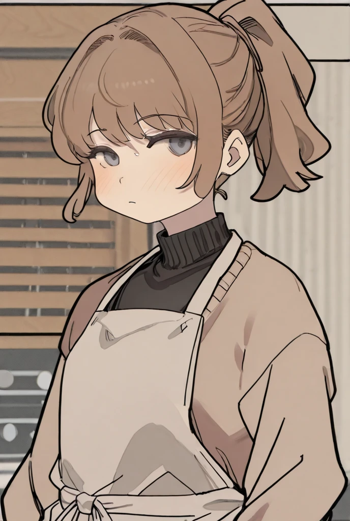 <lora:Mia_SW:0.9> miadef, brown eyes, brown hair,
upper teeth only, teeth, sidelocks, apron, open mouth, shirt, solo, white shirt, hat, choker, hair bun, short hair, single hair bun, bangs, breasts, brown headwear, blush, indoors, collarbone, black choker, cleavage, 1girl
masterpiece, best quality