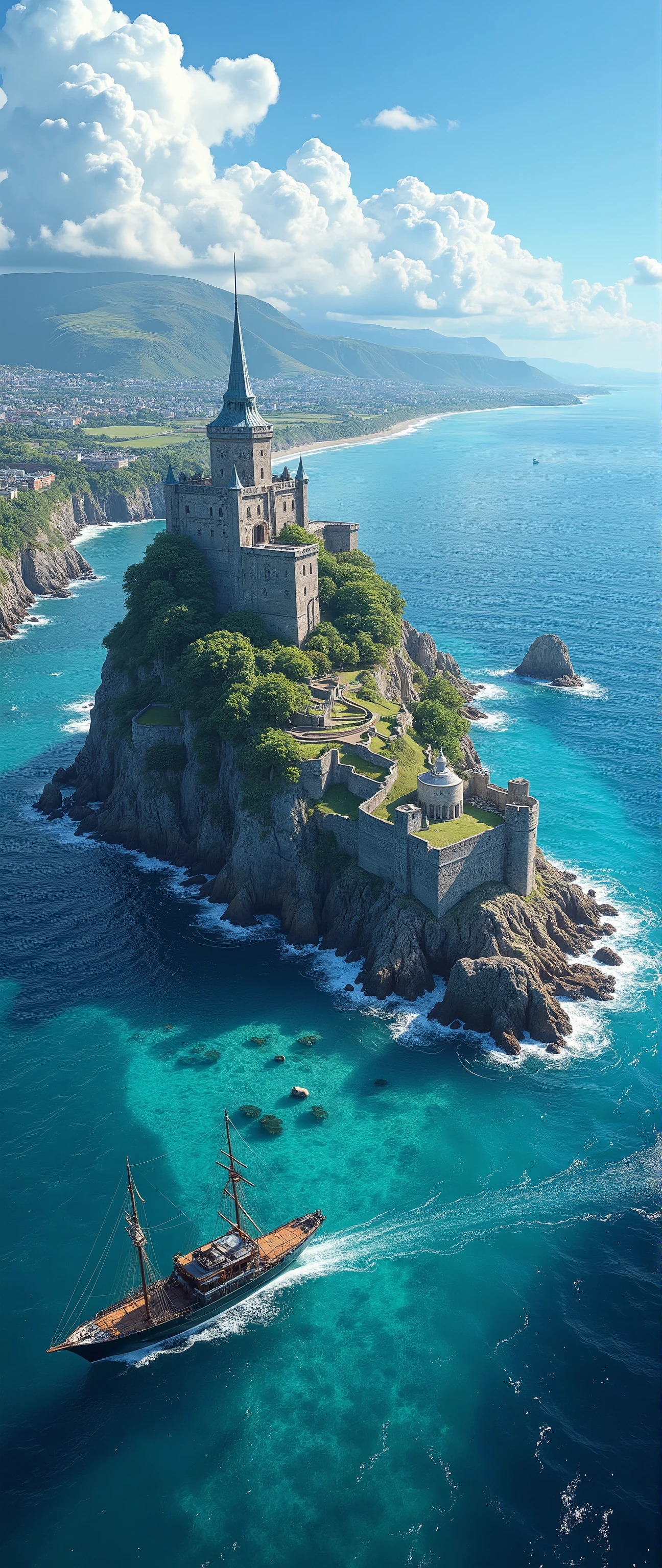 highdefinition images、In the water of the Strait of Dover{X}（Colorful castle ruins in clear blue light）masterpiece、At sea２detailed images of Aegis ships 、 Ancient castle ruins overlooking the city 、 outdoor、Blue skies pass through 、 Ruins of an English Glass Castle 、 from above the Ruins of an English Glass Castle 、  Scenery、Nature、 high resolution,Scenery I saw from the colorful Dover Strait、photorealism 、 Highly detailed clear view of a castle from a sailing boat。。