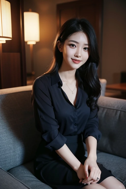 (best qualtiy,8K,tmasterpiece:1.3),(sharp fokus:1.2),Jet-black hair,ssmile,(A girl sits on a sofa:1.2),(perfect body figure:1.4),(The shirt:1.2),office room,rays of sunshine,Fine face,beautidful eyes,Straight legs